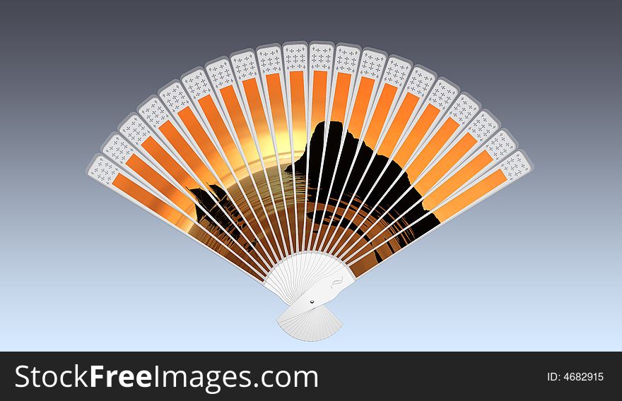 Chinese fan isolated on blue background.