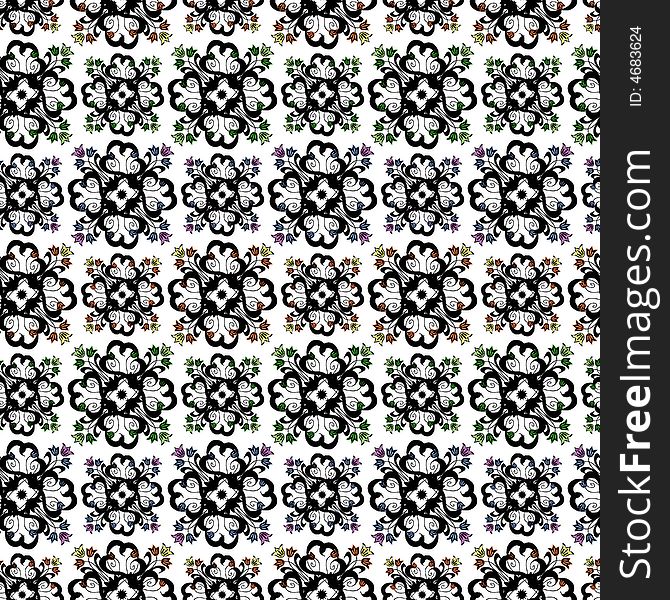 Seamless ornament vector pattern with coloured flowers on white. Seamless ornament vector pattern with coloured flowers on white