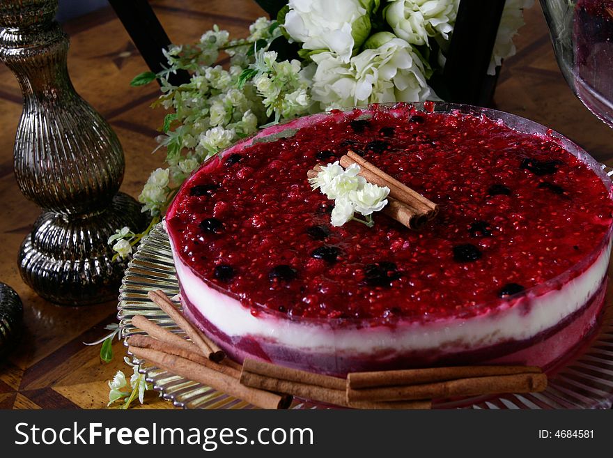 Red raspberry covered cheese cake