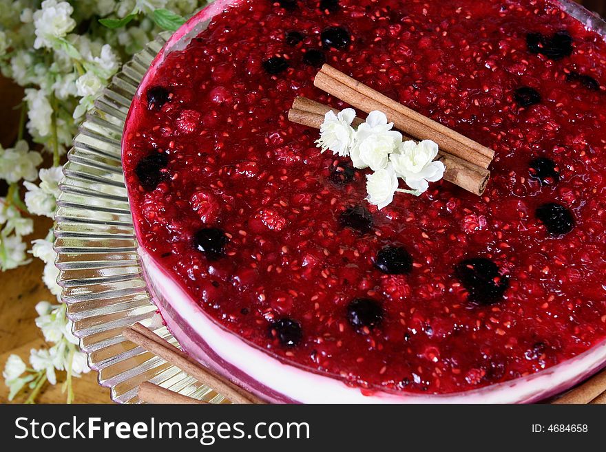 Red raspberry covered cheese cake