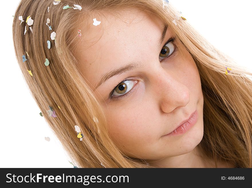 The young beautiful girl with confetti isolated on a white background