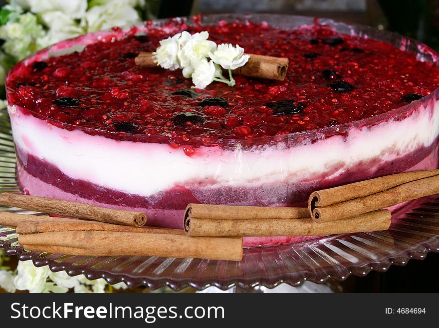 Red raspberry covered cheese cake