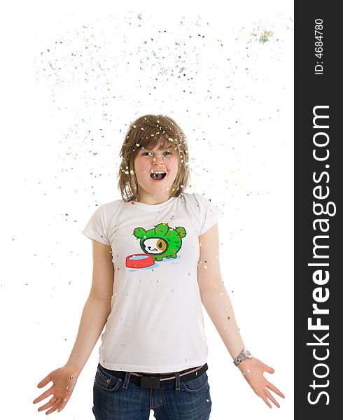 The young beautiful girl with confetti isolated