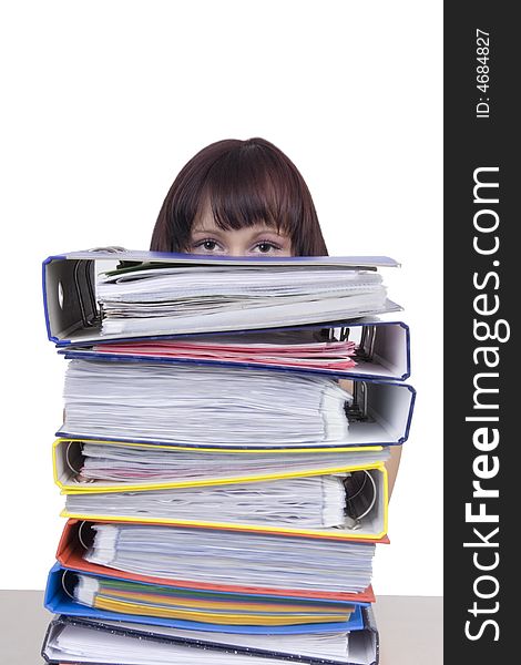 Woman hidden behind folders with documents. Woman hidden behind folders with documents