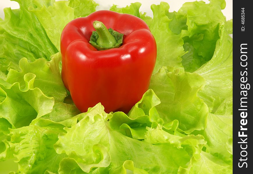 Red pepper and green leaves of salad isolated on a white background