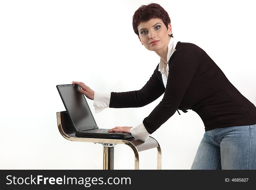 Business woman with laptop over white