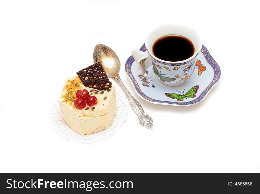 Sweet cream dessert with cup of coffee isolated on white background. Sweet cream dessert with cup of coffee isolated on white background