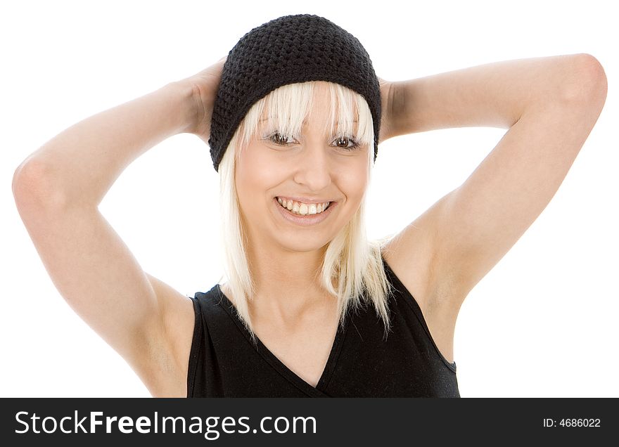 Beautyfully woman with black cap posing and  smiling