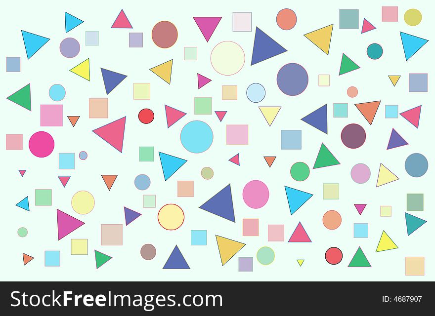 Confetti made of multi colored triangles, circles, and squares scattered on pale green back round. Confetti made of multi colored triangles, circles, and squares scattered on pale green back round.