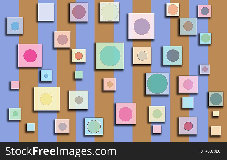 Blue & Beige striped pattern with floating multi-colored squares with round centers. Blue & Beige striped pattern with floating multi-colored squares with round centers.