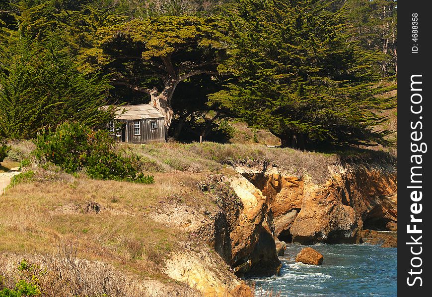 A hut used by whalers in the nineteen hundreds, currently a museum. Located at Point Lobos State Park California. A hut used by whalers in the nineteen hundreds, currently a museum. Located at Point Lobos State Park California