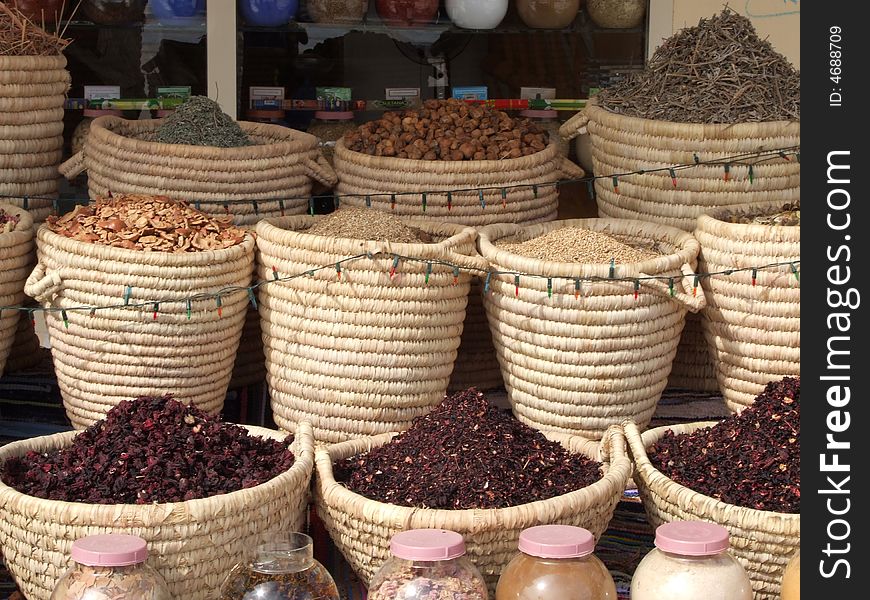 Spices and tea in bags in east market of spice