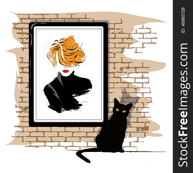 The girl's portrait on a wall and a black cat. Vector illustration. The girl's portrait on a wall and a black cat. Vector illustration.