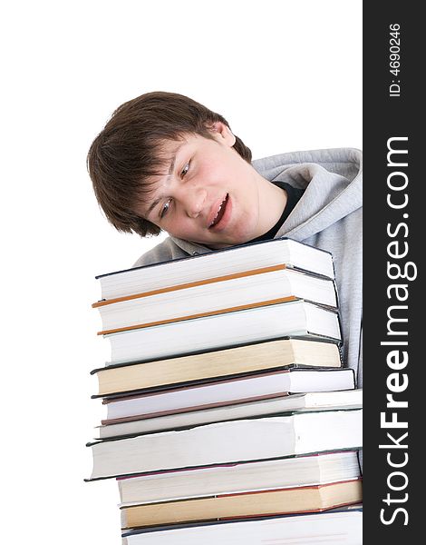 The young student with a pile of books isolated on a white background