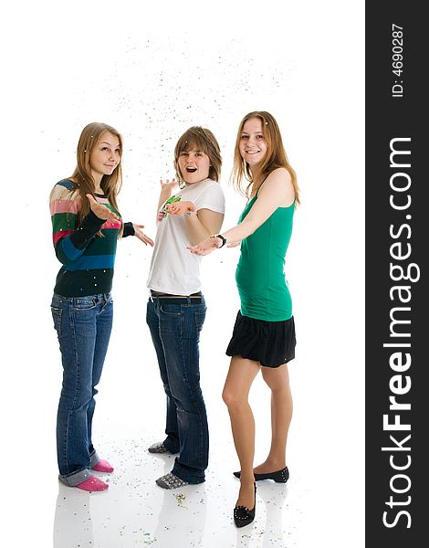 Group of girls with confetti isolated on a white background