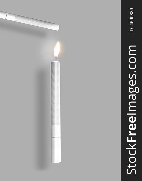 Collage of isolated cigarette-shaped lighter lighted. Collage of isolated cigarette-shaped lighter lighted