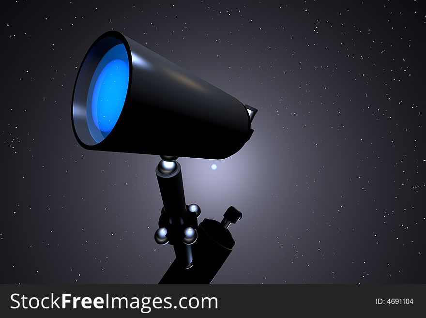 Telescope with lighted lens searching the heavens. Telescope with lighted lens searching the heavens