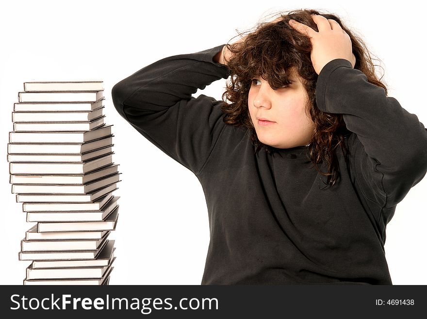 Boy surprised and many books on white background