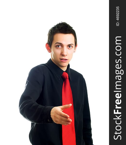 Young businessman handshake on a white background