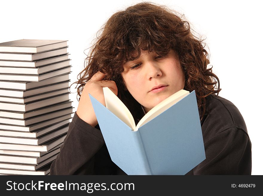 Boy reading a book and many books on white background