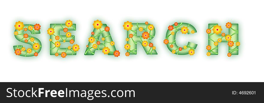 Floral text. Search. Spring text. Many flowers on letters.