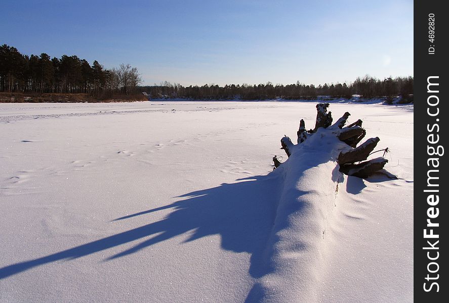 Fallen tree in ice of the frozen snow-covered river frozen snow-covered river. Fallen tree in ice of the frozen snow-covered river frozen snow-covered river