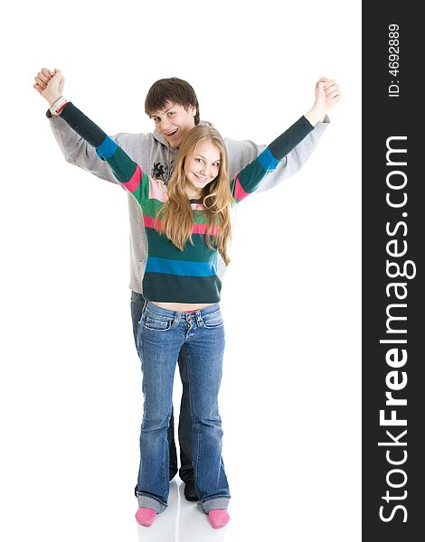 Young embracing pair isolated on a white background
