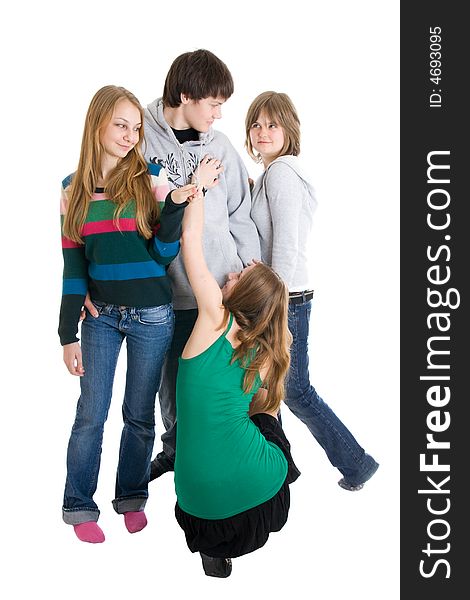 Group of teenagers isolated on a white background