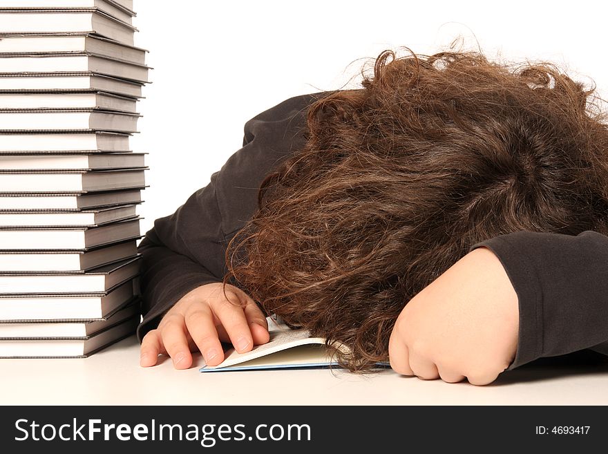 Boy sleeping and and many books on white background