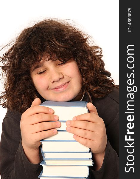 Happy boy and many books on white background