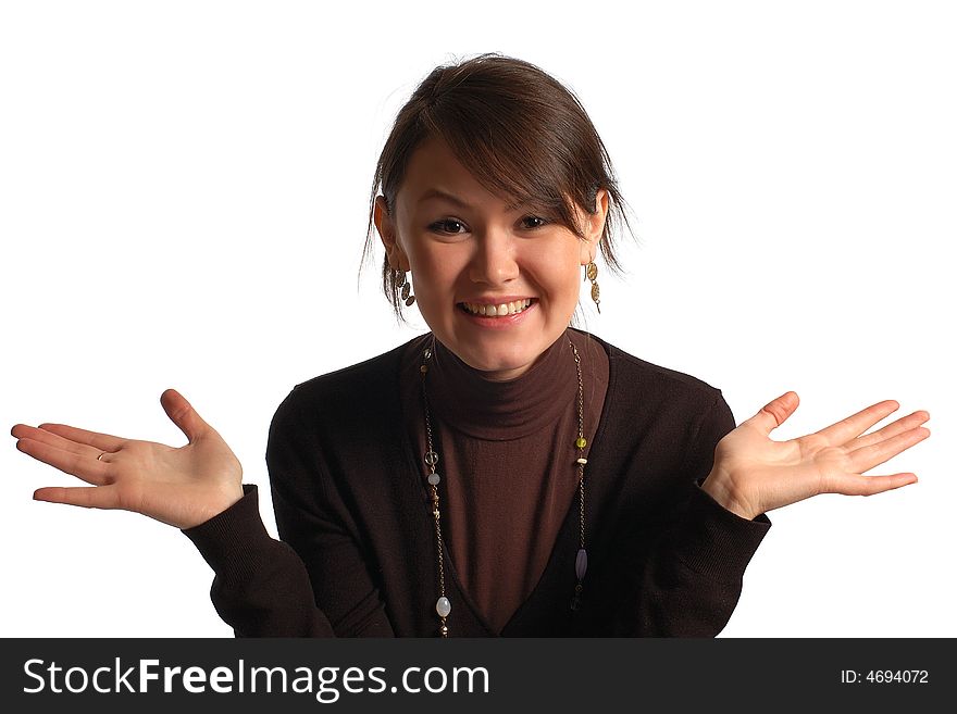 Smiling east-type woman in black brown clothers, isolated on white