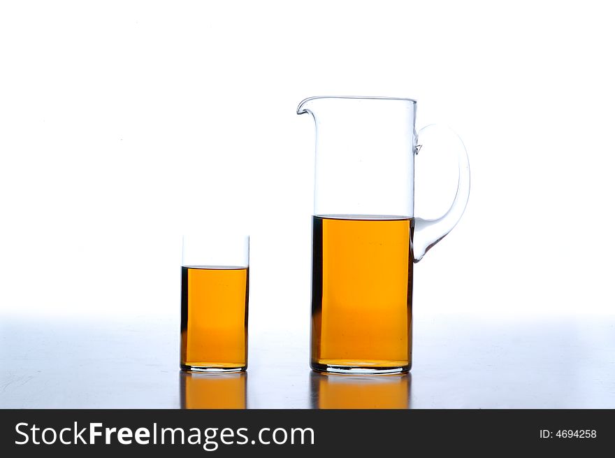 Tea-like liquid in a glass-ware, white background, close-up. Tea-like liquid in a glass-ware, white background, close-up