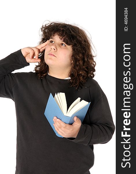 Boy thinking and reading a book on white background