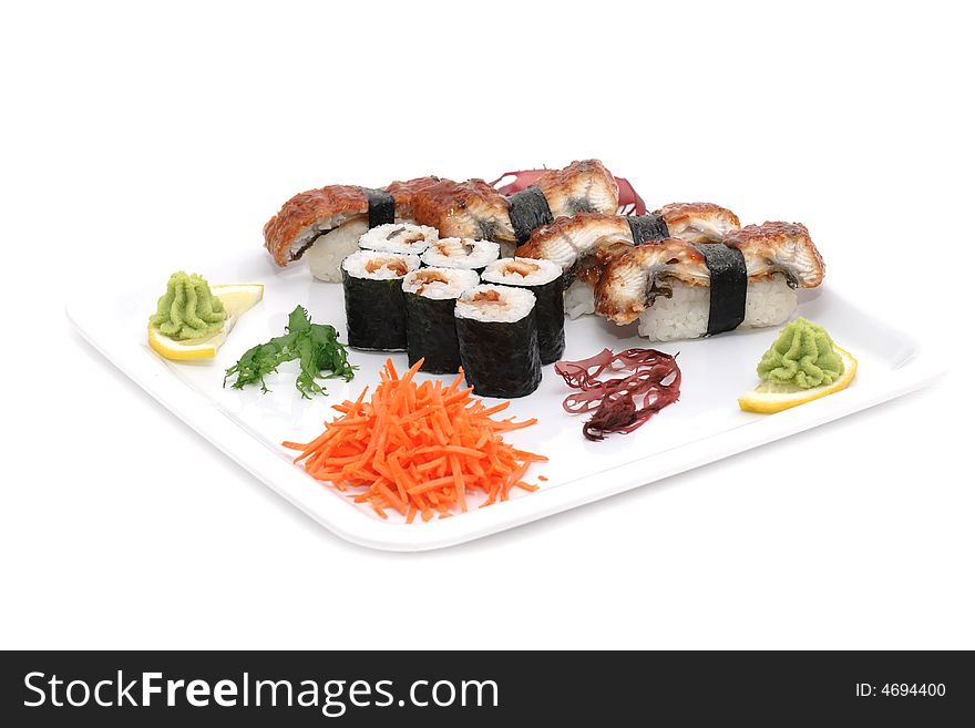 Set of sushi and rolls with a eel. Set of sushi and rolls with a eel.