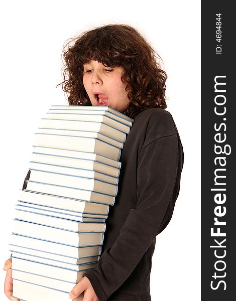 Boy carrying books on white background