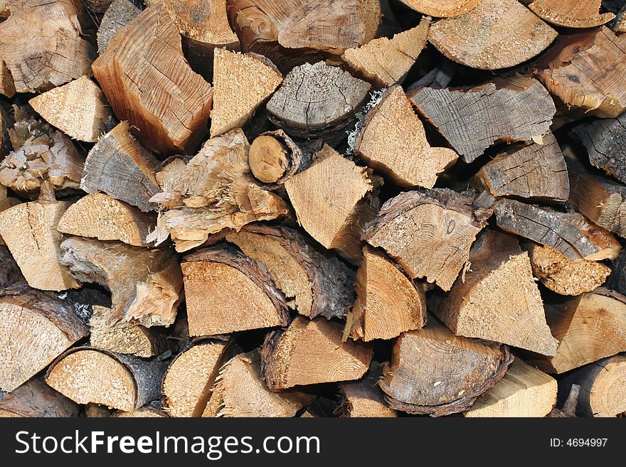 In front of our log cabin we have a lot of pieces of firewood. In front of our log cabin we have a lot of pieces of firewood