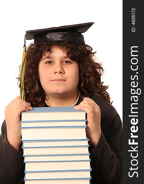 Boy and many books on white background