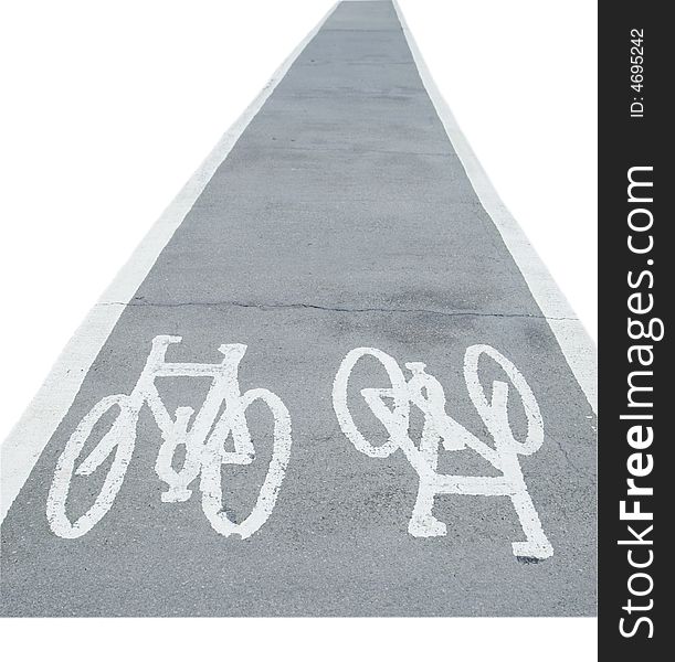 A tarmac cycle path with cycle images in forground and path leaving frame top into distance. Includes clipping path