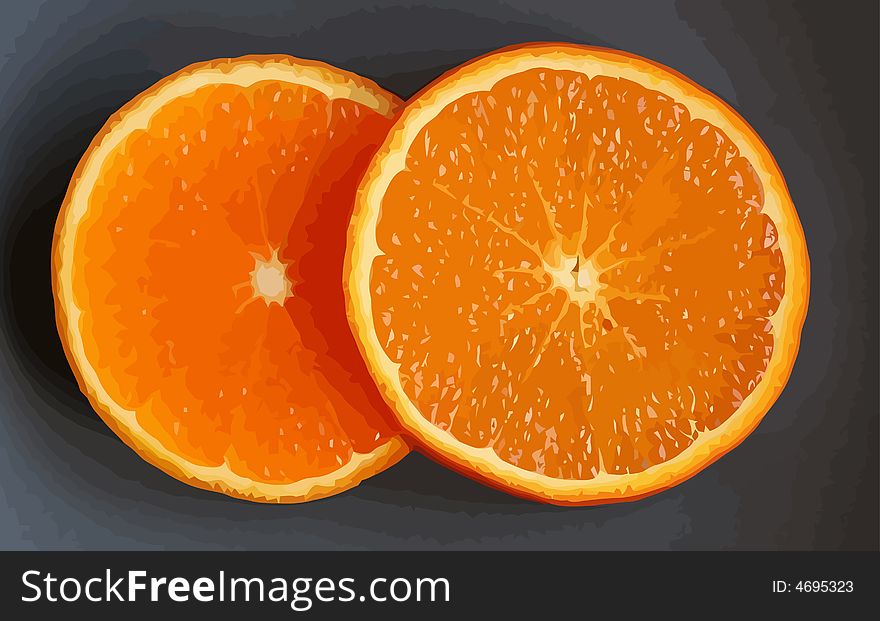 Two orange slices on a dark background vector illustration