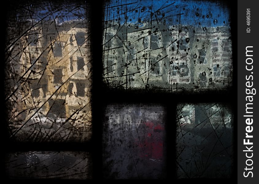 Apartment buildings viewed through an antique church stained glass window.  Large glass panes with visible bubbles and scratched. Apartment buildings viewed through an antique church stained glass window.  Large glass panes with visible bubbles and scratched.