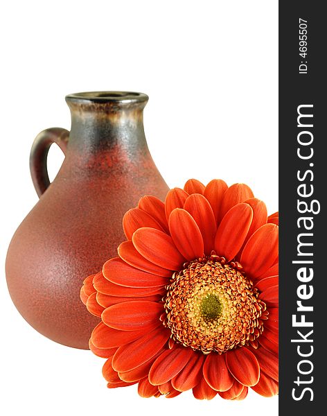 Red fresh gerber daisy with old jug over white with Clipping Path