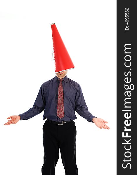 Businessman with a red cone megaphone on head. Businessman with a red cone megaphone on head