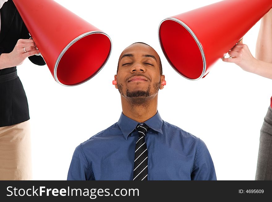 Business people with megaphone harassing colleague. Business people with megaphone harassing colleague