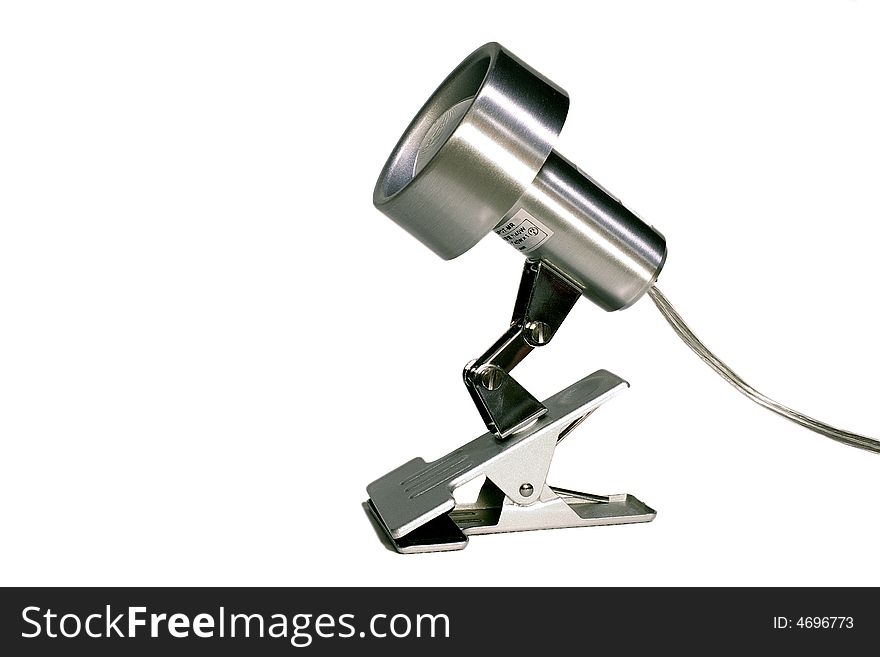 Grey reading lamp with clip separated on a white background. Grey reading lamp with clip separated on a white background
