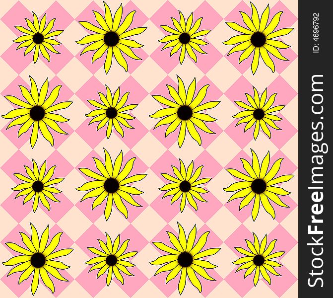 Black eyed Susan flowers on a pink checkered plaid  back round. Black eyed Susan flowers on a pink checkered plaid  back round