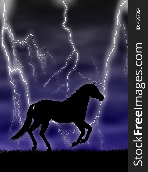 Black horse silhouette running in the storm. Black horse silhouette running in the storm