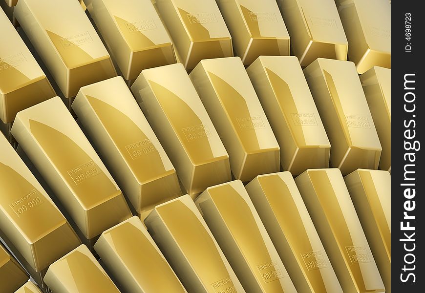 3d gold bars array on white background