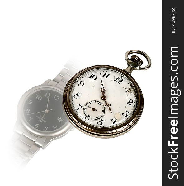 Old pocket watch and wristwatch on white background. Old pocket watch and wristwatch on white background