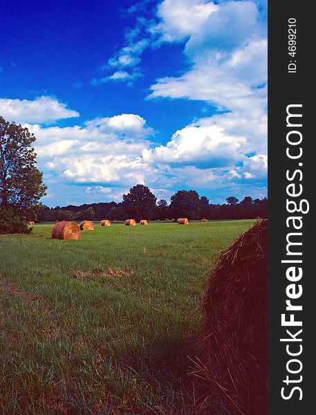 Round bales on a green meadow under fluffy white clouds. Round bales on a green meadow under fluffy white clouds