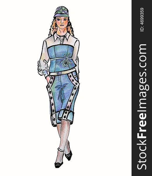 Drawn model in hat is illustration from my set of fashion illustratoins.